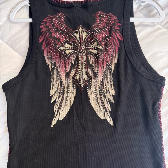Vocal Black and Burgundy Winged Cross Tank Top - Picture 8 of 9